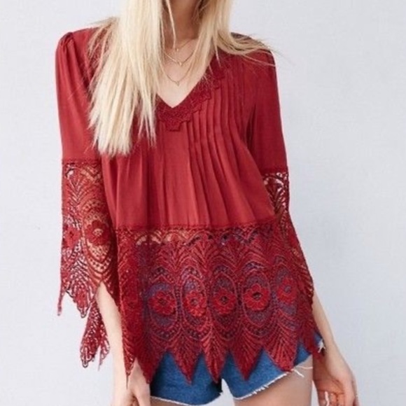 Stylish Brick Red Blouse with Lace Sleeves and Waist - Picture 1 of 15